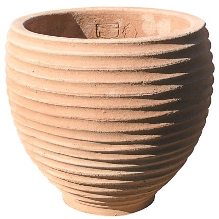 Impruneta Terracotta, Palla a uovo rigata, Blumentopf, Pflanztopf, rund, verziert, Streifendekor, Terracottatopf