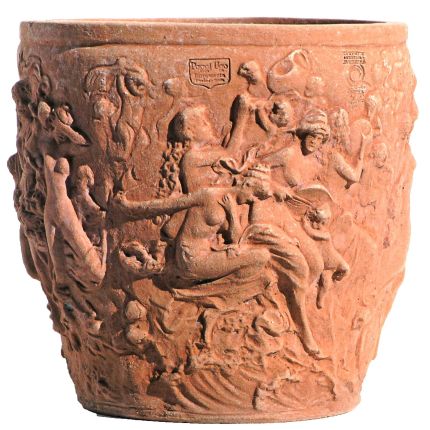 Impruneta Terracotta, Cache-Pot - Albert Carrier, runder verzierter Pflanztopf, Blumentopf, Vase