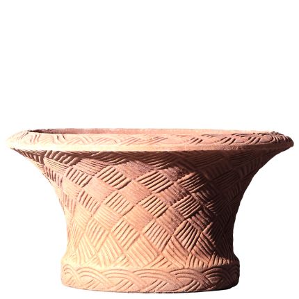 Impruneta Terracotta, Vaso a cestino Sannini, Pflanztopf, rund, verziert, grau, Korbgeflechtmuster, Blumentopf, Terracottatopf