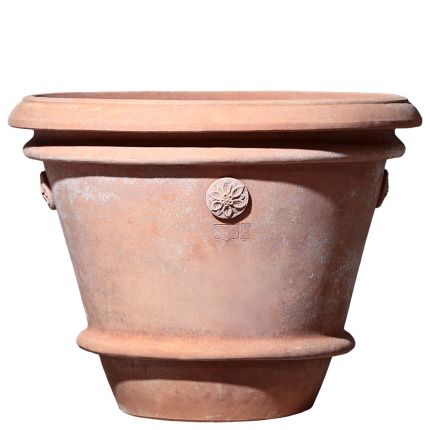 Impruneta Terracotta, Vaso Sannini 4 rosette doppio orlo, Pflanztopf, groß, rund, grau, Rosettendekor, Terracottatopf