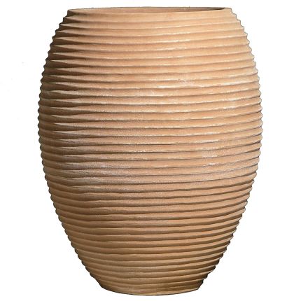 Impruneta Terracotta, Uovo millerighe grande, Pflanzgefäß, Pflanzvase, rund, verziert, groß, grau, Streifendekor, Terracottatopf, Bodenvase