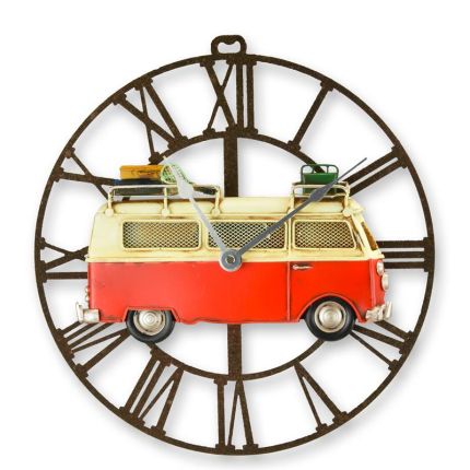 A METAL WALL CLOCK WITH SURFERS BUS