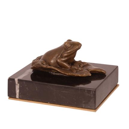 Bronzefigur Frosch auf einem Lilienblatt, Briefbeschwerer mit Messingsockel, A BRONZE PAPERWEIGHT OF A FROG ON A LILY LEAF (BRASS PLATE)