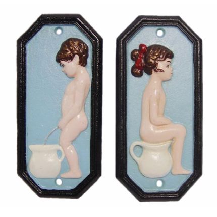 2er-Set Toiletten-Türschilder, A PAIR OF CAST IRON BOY AND GIRL TOILET PLAQUES - BLUE