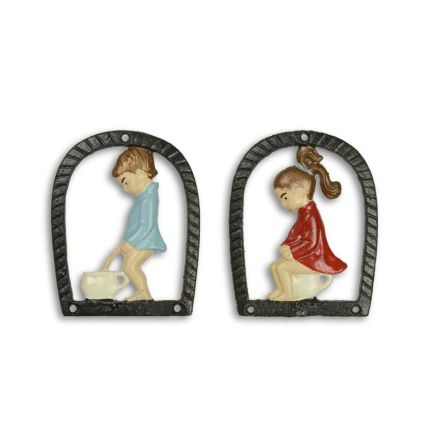 2er-Set Gusseisenschilder, A PAIR OF CAST IRON BOY AND GIRL TOILET SIGNS