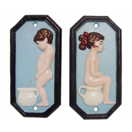 2er-Set Toiletten-Schilder, Gusseisen, blau, A PAIR OF CAST IRON BOY AND GIRL TOILET PLAQUES - BLUE