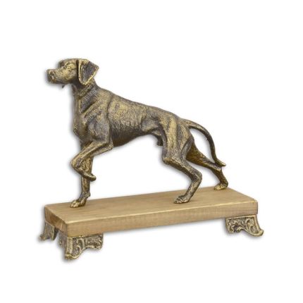 Gusseisentierfigur Hund auf Holz-Sockel, A CAST IRON FIGURINE OF A HOUND MOUNTED ON WOODEN BASE