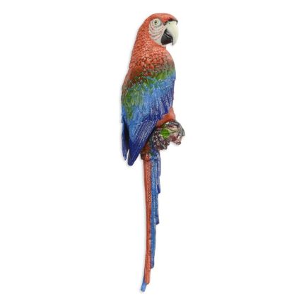 Wanddekoration Gusseisentierfigur Papagei, A CAST IRON WALL MOUNT RED AND BLUE MACAW