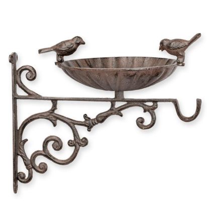 Gusseisen-Vogelbad, Vogeltränke, zur Wandbefestigung, braun, A CAST IRON WALL MOUNT BIRD BATH WITH HOOK, BROWN