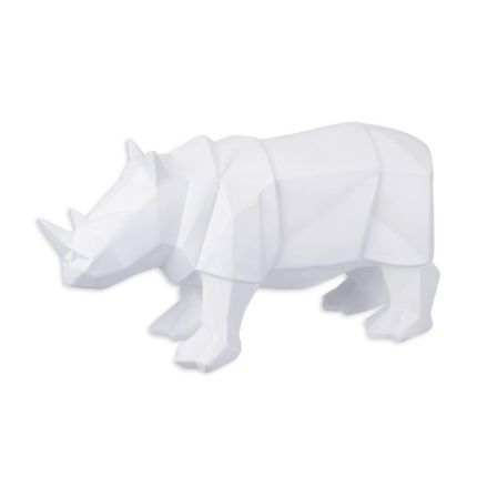 Tierfigur Nashorn aus Polyresin, vieleckige Oberfläche, weiß, A RESIN POLYGONAL FIGURINE OF A RHINOCEROS, WHITE