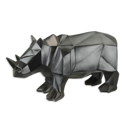 Tierfigur Nashorn aus Polyresin, vieleckige Oberfläche, schwarz, A RESIN POLYGONAL FIGURINE OF A RHINOCEROS, BLACK