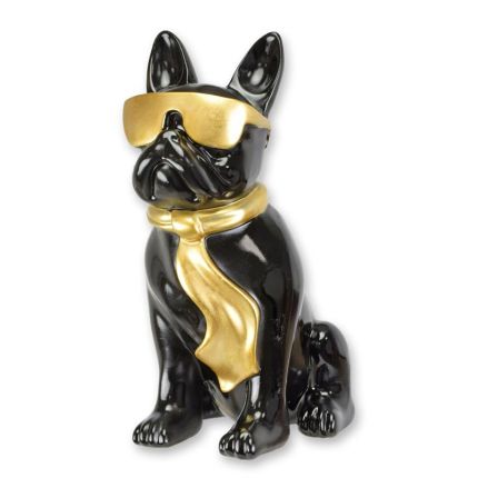 Bulldogge mit Sonnenbrille und Krawatte - H. 40 cm - schwarz/goldfarben