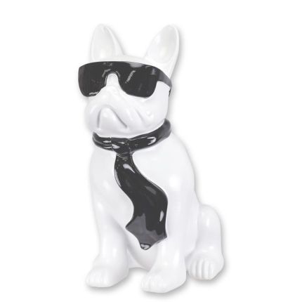 Bulldogge mit Sonnenbrille und Krawatte - H. 40 cm - weiß/schwarz - Polyresin