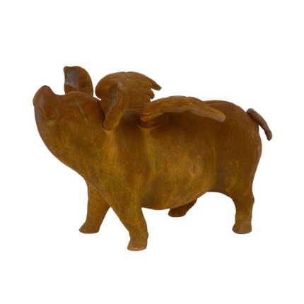 Gusseisen-Spardose geflügeltes Schwein, rostfarben, A CAST IRON FLYING PIG BANK, RUSTY