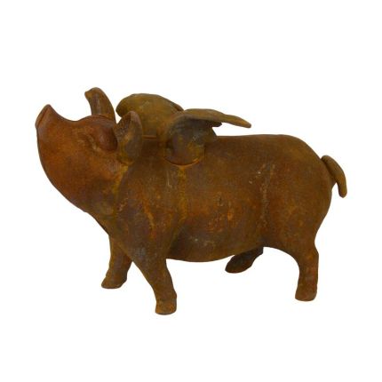 Gusseisen-Spardose geflügeltes Schwein, rostfarben, A CAST IRON FLYING PIG BANK, RUSTY