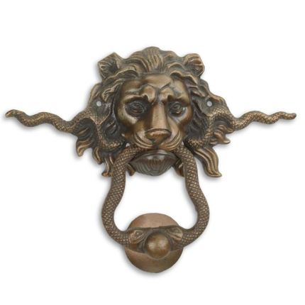 A PAIR OF CAST IRON LION AND SNAKE DOOR KNOCKERS