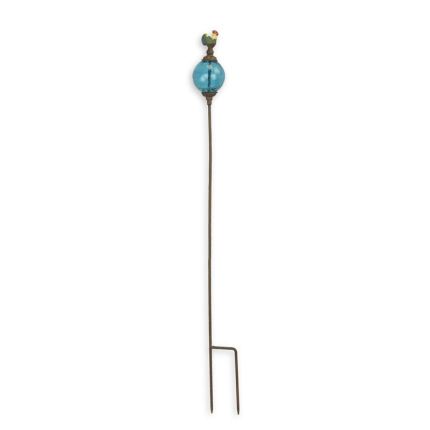 A CAST IRON GARDEN STAKE WITH GLASS BALL