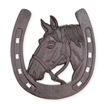 Gusseisen-Wanddekoration Hufeisen mit Pferdekopf, A CAST IRON HORSESHOE WALL DECO