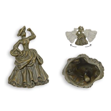 A BRONZE FIGURAL TABLE BELL OF A LADY WITH BASKET