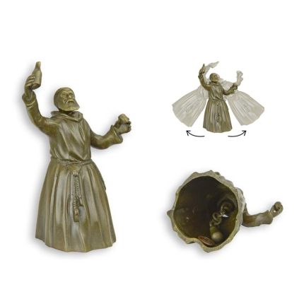 A BRONZE FIGURAL TABLE BELL OF A DRINKING MONK