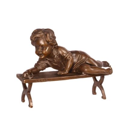 Bronzefigur Kind mit Schnecke, Kinderfigur, A BRONZE SCULPTURE OF A CHILD WITH SNAIL ON BENCH