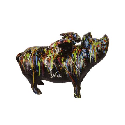 Spardose geflügeltes Schwein aus Gusseisen, schwarz mit Drip-Painting, A CAST IRON FLYIN PIG BANK - DRIP ART. BLACK