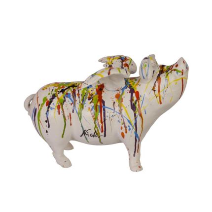 Gusseisen-Spardose geflügeltes Schwein, Drip Painting-Stil, weiß, A CAST IRON FLYIN PIG BANK - DRIP ART. WHITE