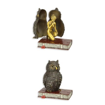 Bronzefigur weiblicher Akt, Aufklappfigur, A BRONZE SCULPTURE OF A WOMAN AND OWL ON BOOKS