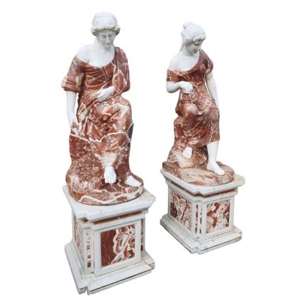 2er-Set Marmorstatuen Damen, Frauen, gemischter Marmor, Sockel, MIXED MARBLE SITTING LADY WITH BASE SET/2