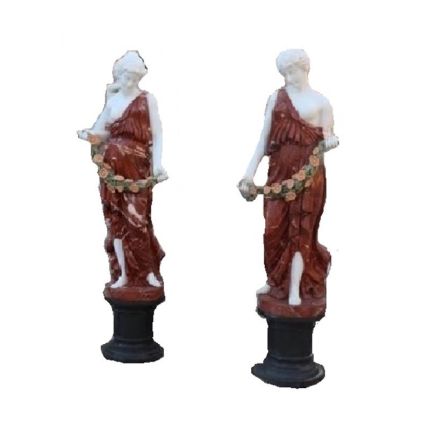 2er-Set Marmorstatuen Damen, Frauen, schwarzer Marmorsockel, gemischter Marmor, MIXED MARBLE LADIES WITH BLACK ROUND MARBLE BASE SET/2