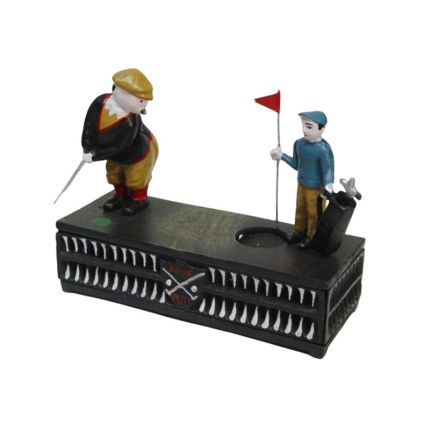 Mechanische Gusseisen-Spardose Golfspieler, A CAST IRON GOLFER MECHANICAL BANK