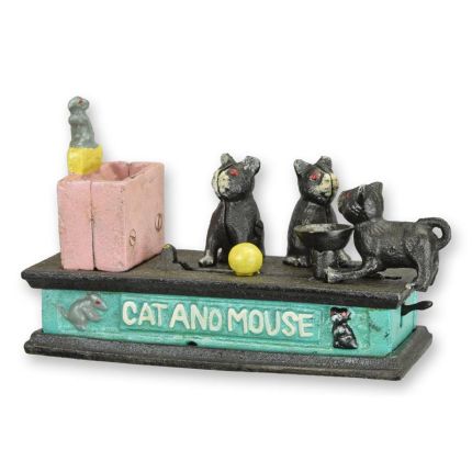 Mechanische Gusseisen-Spardose mit Katzenfiguren, A CAST IRON CAT AND MOUSE MECHANICAL BANK