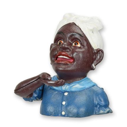 Mechanische Gusseisen-Spardose Frau, A CAST IRON BLACK GIRL MECHANICAL BANK