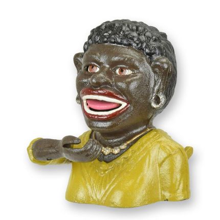 Mechanische Gusseisen-Spardose Frau, A CAST IRON BLACK LADY MECHANICAL BANK