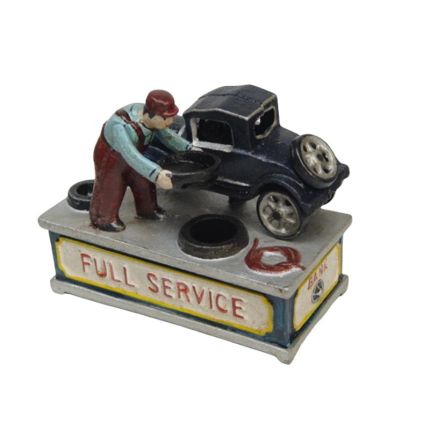 Mechanische Gusseisen-Spardose Autowerkstatt, A CAST IRON FULL SERVICE MECHANICAL BANK