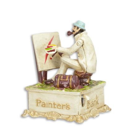 Gusseisen-Spardose Malerfigur, A CAST IRON PAINTER MECHANICAL BANK