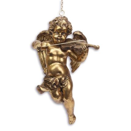 Polyresinfigur Putte, Engel zum Aufhängen, A RESIN HANGING GOLD ANGEL WITH VIOLIN