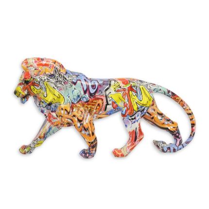 Polyresinfigur Löwe, Graffiti-Stil, Löwenfigur, A RESIN FIGURINE OF A HYDROGRAPHIC DIPPED LION