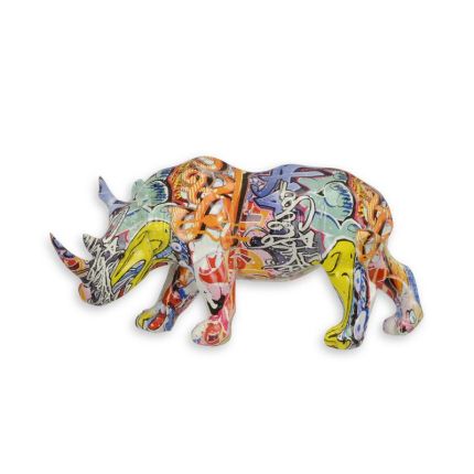 Polyresinfigur Nashorn, Graffiti-Stil, Tierfigur, A RESIN FIGURINE OF A HYDROGRAPHIC DIPPED RHINOCEROS