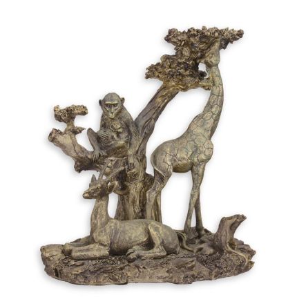 Polyresin-Figur afrikanische Tiere, Giraffe, Affe, Antilope, A RESIN GROUP OF A MONKEY, GIRAFFE AND ANTELOPE