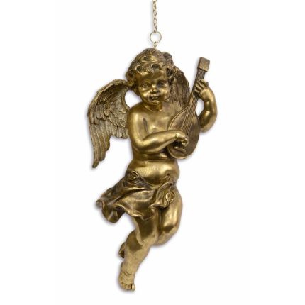 Hängefigur Bronze-Engel, Putte mit Banjo, A RESIN HANGING GOLD ANGEL WITH BANJO