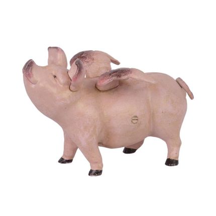 Gusseisen-Spardose geflügeltes Schwein, A CAST IRON FLYING PIG BANK, PINK