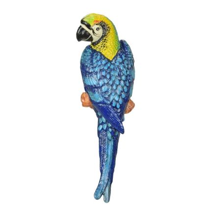 Wanddekoration Papageienfigur aus Gusseisen, A CAST IRON WALL MOUNT BLUE AND YELLOW MACAW