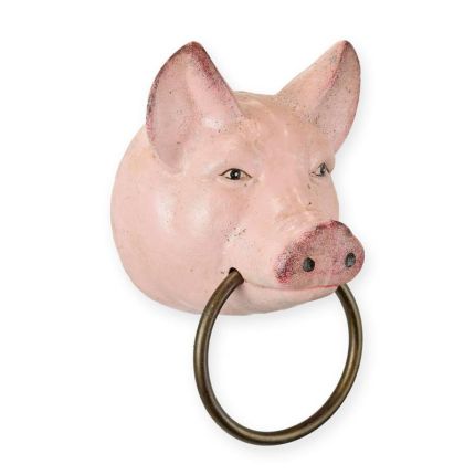 Türklopfer Schweinekopf aus Gusseisen, A CAST IRON PIG HEAD TOWEL HOLDER - PINK