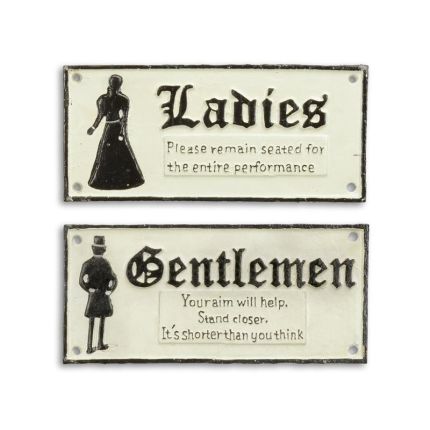 2er-Set Damen- und Herren-Wandschilder aus Gusseisen, A PAIR OF CAST IRON GENTLEMEN AND LADIES" TOILET SIGNS"