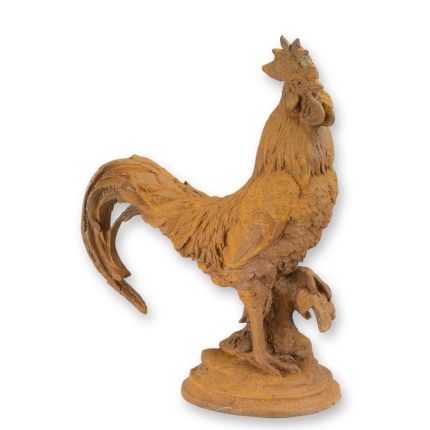 Gusseisentierfigur Hahn, rostfarben, A RUSTY CAST IRON FIGURINE OF A ROOSTER