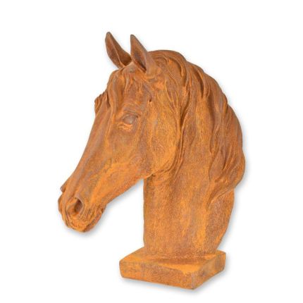 Gusseisentierfigur Pferdekopf, rostfarben, A RUSTY CAST IRON FIGURINE OF A HORSE HEAD