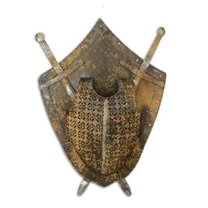 Wandschild mit Rüstung und Schwertern, Eisen, AN IRON WALL MOUNT SHIELD WITH ARMOUR AND SWORDS