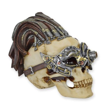 Steampunk-Schädel mit venezianischer Maske, Polyresin, A RESIN STEAMPUNK SKULL WITH VENETIAN MASK