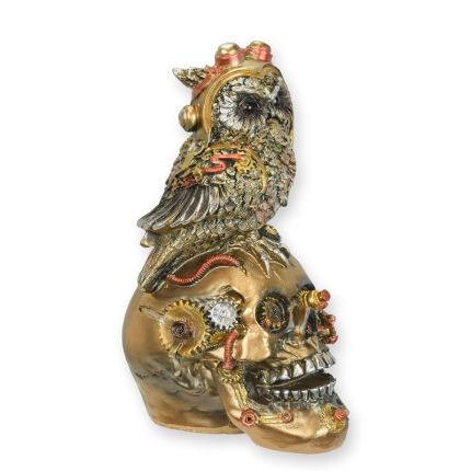 Steampunk-Schädel mit Eule, Polyresin, A RESIN STEAMPUNK FIGURINE OF A SKULL WITH OWL